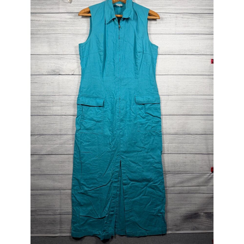 Vintage Newport News Women's 14 Turquoise Linen Cotton Zip Maxi Dress 1274